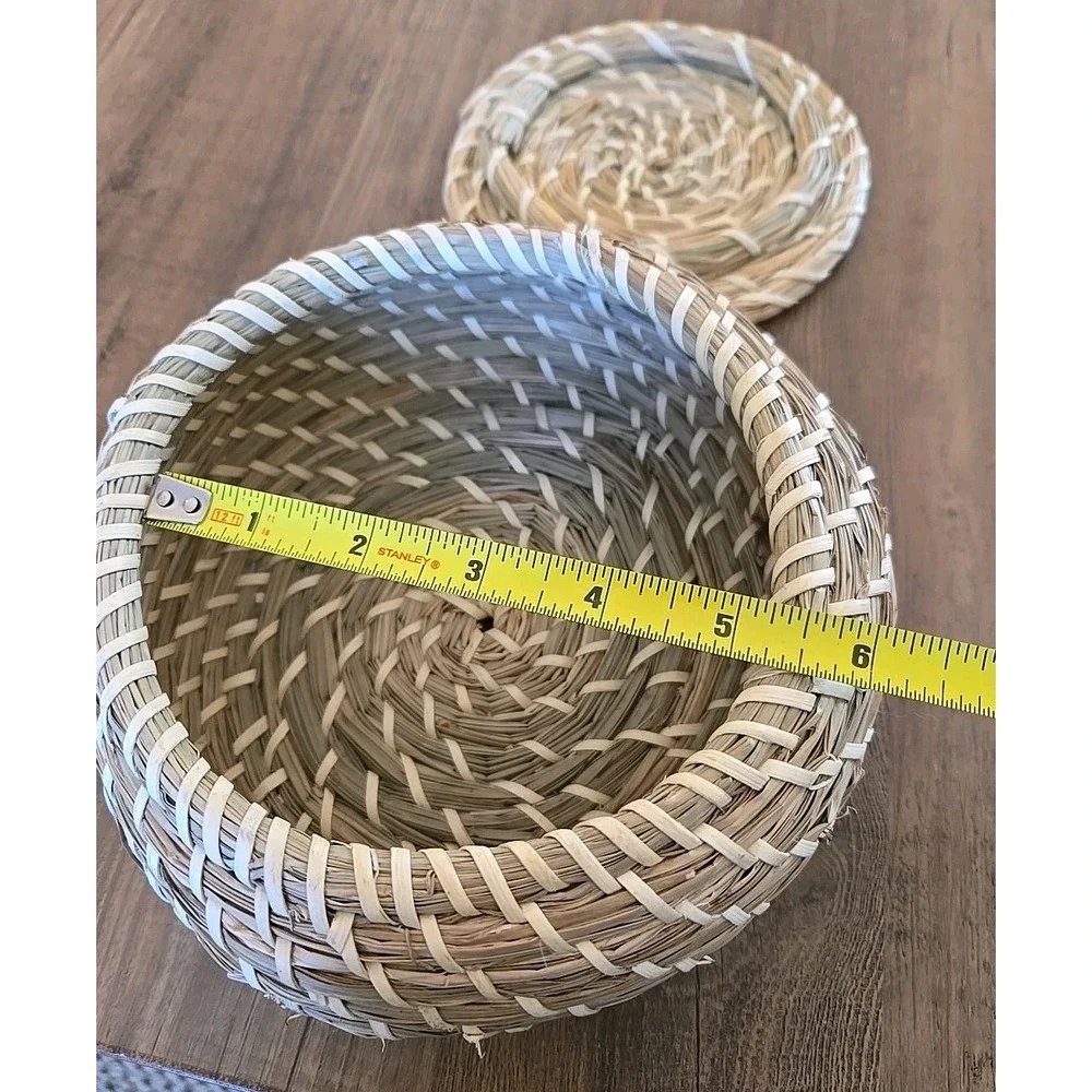 Vintage Woven Sweetgrass Handmade Round Bulbous Basket With Lid 7